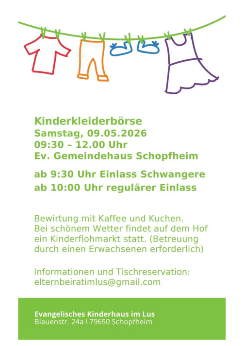 Kinderkleiderbörse, Samstag 9.5.26 von 9.30 bis 12 Uhr im ev. Gemeindehaus Schopfheim